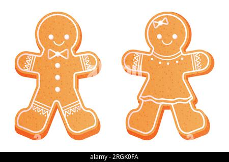 Dolci biscotti natalizi per uomo e donna con decorazioni in stile cartoni animati isolati su sfondo bianco. Illustrazione vettoriale Illustrazione Vettoriale