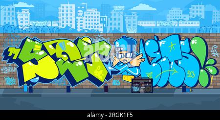 Colorato Outdoor Urban Streetart Graffiti Wall con disegni sullo sfondo del paesaggio urbano Vector Illustration Illustrazione Vettoriale