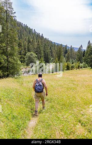 Cammina lungo il fiume Gordolasque all'ingresso della Vallée des Merveilles sul versante della valle di Vésubie. Marcher à l'éntrée de la vallée des Merveil Foto Stock