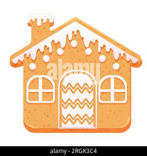 Biscotti natalizi Gingerbread House con decorazioni a velo, finestra, porta in un dessert invernale in stile cartoni animati isolato su sfondo bianco. Illustrazione vettoriale Illustrazione Vettoriale