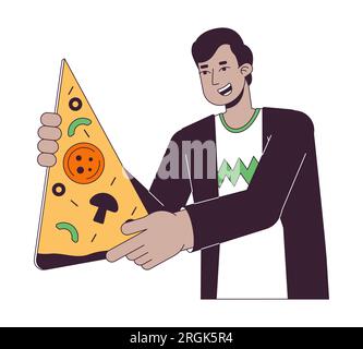 Uomo indiano ottimista con un grande carattere vettoriale di colore a linea piatta di pizza Illustrazione Vettoriale