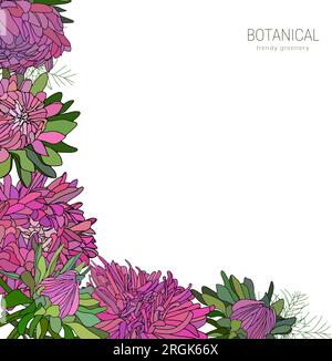 Bordo floreale vettoriale disegnato a mano di assi, margherite, foglie verdi, corona botanica Illustrazione Vettoriale
