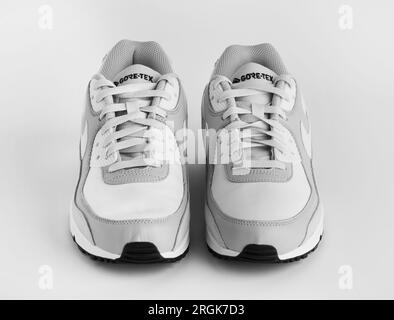 Istanbul, Turchia - 12 aprile 2023: Scarpe Nike Air Max 90 GTX su sfondo bianco. Scarpe GORE-TEX di colore bianco e grigio. Foto Stock