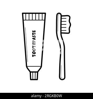 Dentifricio e spazzolino. Concetto di pulizia dei denti, igiene e salute dentale. Stile di schizzo Doodle. Illustrazione vettoriale isolata su sfondo bianco. Illustrazione Vettoriale