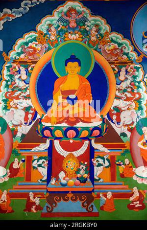 India, Ladakh, Zanskar, Karsha, monastero, Lhakang Prayer Hall, pittura murale buddista Foto Stock