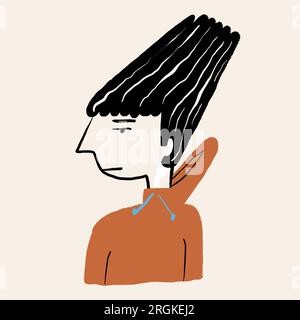 Divertente illustrazione vettoriale del giovane ragazzo dei cartoni animati con felpa con cappuccio marrone con capelli volanti che guardano lontano sullo sfondo beige Foto Stock