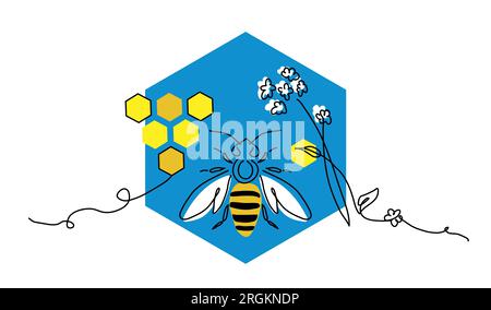 Api, miele, favi a nido d'ape e fiori di forma esagonale blu. Illustrazione vettoriale a colori in giallo e blu per il disegno dell'etichetta del miele ucraino. Uno Illustrazione Vettoriale
