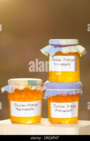 Un gruppo di barattoli contenenti marmellata d'arancia di Siviglia fatta in casa. Le vaschette hanno etichette scritte a mano e rivestimenti in tessuto sopra i coperchi Foto Stock