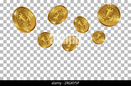 Simboli di criptovaluta Bitcoin Ethereum. Pioggia di monete d'oro 3d, moneta digitale splash su sfondo trasparente. Denaro in caduta o in volo, digitale Illustrazione Vettoriale