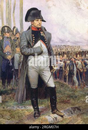 NAPOLEONE BONAPARTE (1769-1821) con posa caratteristica di Édouard Detaille. Indossa l'informatore verde di un colonnello nella cavalleria della Guardia Imperiale. Foto Stock