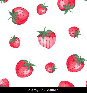 Motivo senza cuciture con fragole fresche ad acquerello isolate su sfondo bianco. Illustrazione ad acquerello disegnata a mano. Può essere utilizzato per tessuti, avvolgimento Foto Stock