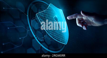 Sicurezza informatica e protezione dei dati su Internet. Persona che tocca lo scudo virtuale, accesso sicuro, connessione crittografata. Sistema protetto da password e sto Foto Stock