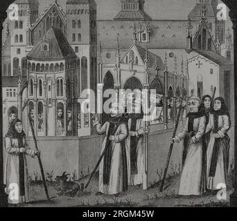 Il monaco cistercense francese San Bernardo (1090-1153) prende possesso dell'Abbazia di Chiaravalle, insieme ai monaci dell'Abbazia di Citeaux, nel 1115. Incisione del XIX secolo di Bernard e Huyot da una miniatura in "Chroniques abregées des anciens rois et ducs de Bourgogne", XV secolo. « Vie Militaire et Religieuse au Moyen et à l'Epoque de la Reinassance ». Parigi, 1877. Foto Stock