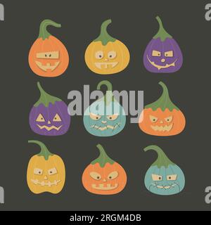 Set di spaventose zucche di Halloween. Candele luminose intagliate per feste, eventi, biglietti da visita, striscioni, inviti. Illustrazione Vettoriale