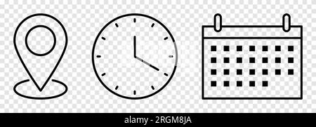 Icona di data, ora, posizione. Illustrazione vettoriale isolata su sfondo trasparente Illustrazione Vettoriale