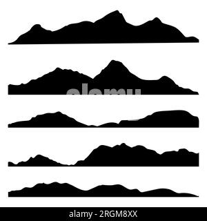 Set di silhouette paesaggio montano. Montagne, colline e scogliere per escursioni. Illustrazione Vettoriale