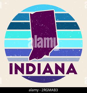 Logo Indiana. Firma con la mappa dello stato degli Stati Uniti e le strisce colorate, illustrazione vettoriale. Illustrazione Vettoriale