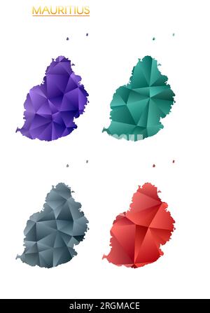 Insieme di mappe poligonali vettoriali di Mauritius. Mappa dell'isola con gradiente luminoso in basso stile polietilene. Illustrazione Vettoriale