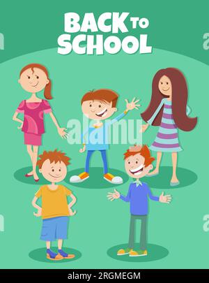 Illustrazione a cartoni animati dei personaggi dei bambini dell'età elementare con didascalia Back to School Illustrazione Vettoriale