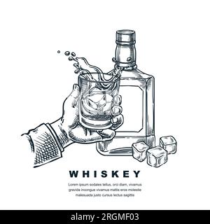 Mano dell'uomo con whisky scotch o vetro bourbon. Disegno vettoriale inciso disegno a mano raffigurante una bottiglia di whisky isolata su sfondo bianco. Alcol Illustrazione Vettoriale