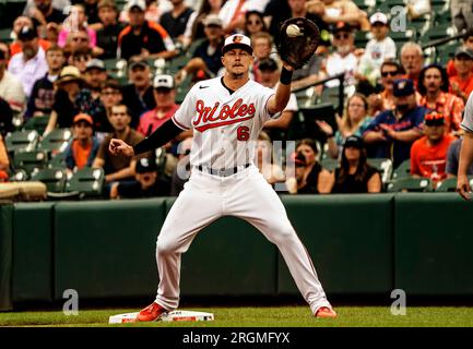 Baltimora, Stati Uniti. 10 agosto 2023. BALTIMORA, MD - 10 AGOSTO: i Baltimore Orioles, la prima base Ryan Mountcastle (6), battono gli Houston Astros, la seconda base Jose Altuve (27) nel primo inning durante una partita della MLB tra i Baltimore Orioles e gli Houston Astros, il 10 agosto 2023, all'Orioles Park a Camden Yards, a Baltimora, Maryland. (Foto di Tony Quinn/SipaUSA) credito: SIPA USA/Alamy Live News Foto Stock