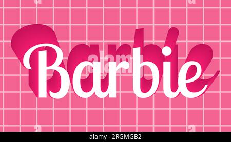 Agosto 2023. Barbie. Iscrizione Barbie su sfondo rosa con griglia. Editoriale. Vettore Illustrazione Vettoriale