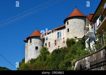 Vista del castello di Zuzemberk a Suha Krajina, Dolenjska, Slovenia dal soffietto Foto Stock