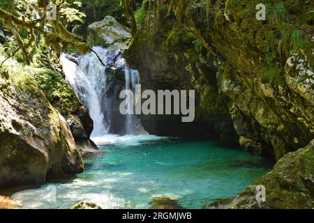 Cascata nel boschetto d'acqua di Sunik a Lepana nelle alpi Giulie e nel parco nazionale del Triglav, Slovenia che scorre in una piscina a soffietto Foto Stock