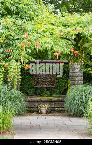 Architettura paesaggistica con cascate e perenni per oasi sul retro Foto Stock