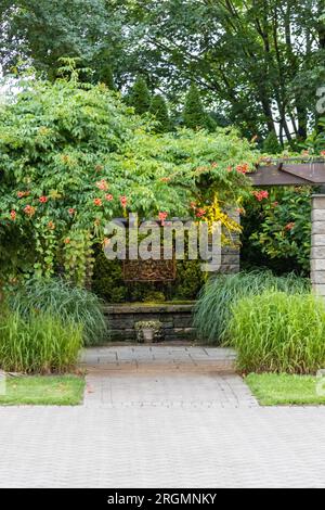 Architettura paesaggistica con cascate e perenni per oasi sul retro Foto Stock