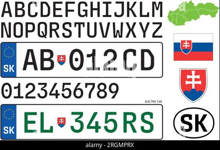 Targa auto Repubblica Slovacca stile 2023 con nuovo carattere, lettere, numeri e simboli, illustrazione vettoriale, Unione europea Illustrazione Vettoriale