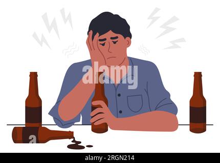 Concetto di alcolismo. Uomo con bottiglie di birra. Illustrazione vettoriale in stile piatto Illustrazione Vettoriale