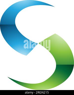 Icona lettera S a forma di lama lucida verde e blu su sfondo bianco Illustrazione Vettoriale