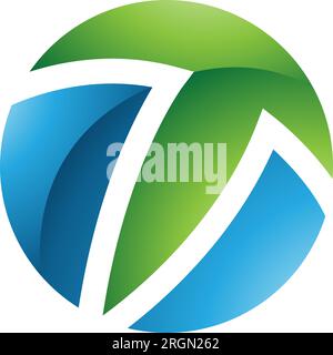 Icona a forma di lettera T circolare lucida verde e blu su sfondo bianco Illustrazione Vettoriale
