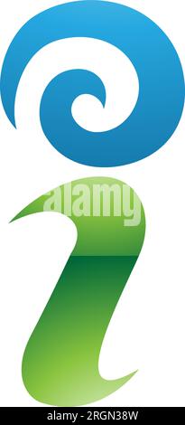 Icona Swirly Letter i lucida verde e blu su sfondo bianco Illustrazione Vettoriale