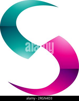 Icona lettera S A forma di lama lucida magenta e verde su sfondo bianco Illustrazione Vettoriale