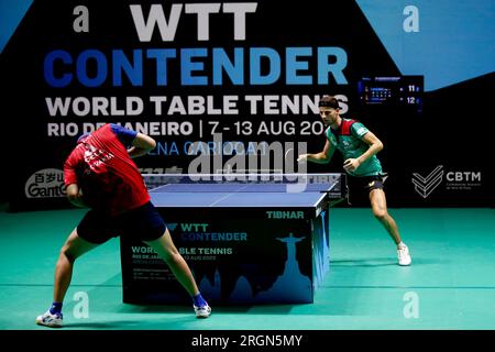 Rio de Janeiro, Brasile. 10 agosto 2023. Tiago Apolonia (POR) gareggia durante il Men's Singles Match contro Yang Wang (SVK), durante il WTT Contender Rio de Janeiro 2023, all'Arena Carioca 1, a Rio de Janeiro il 10 agosto. Foto: Satiro Sodré/DiaEsportivo/Alamy Live News Credit: DiaEsportivo/Alamy Live News Foto Stock