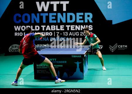 Rio de Janeiro, Brasile. 10 agosto 2023. Tiago Apolonia (POR) gareggia durante il Men's Singles Match contro Yang Wang (SVK), durante il WTT Contender Rio de Janeiro 2023, all'Arena Carioca 1, a Rio de Janeiro il 10 agosto. Foto: Satiro Sodré/DiaEsportivo/Alamy Live News Credit: DiaEsportivo/Alamy Live News Foto Stock