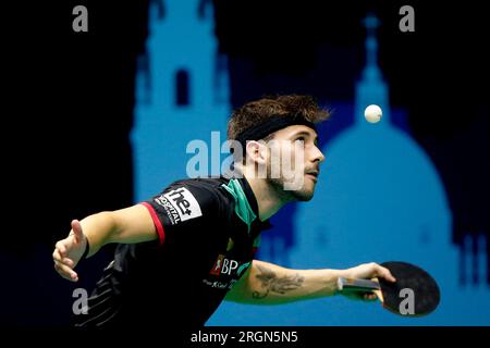 Rio de Janeiro, Brasile. 10 agosto 2023. Joao Geraldo (POR) compete durante il Men's Singles Match contro Qiu Dang (GER), durante il WTT Contender Rio de Janeiro 2023, all'Arena Carioca 1, a Rio de Janeiro il 10 agosto. Foto: Satiro Sodré/DiaEsportivo/Alamy Live News Credit: DiaEsportivo/Alamy Live News Foto Stock