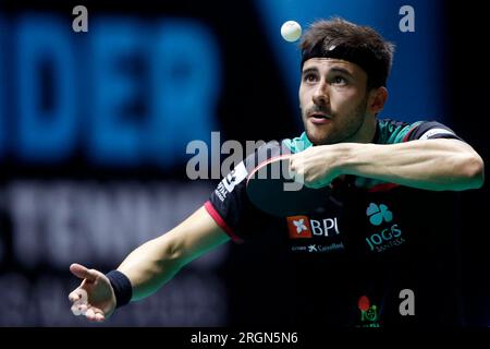 Rio de Janeiro, Brasile. 10 agosto 2023. Joao Geraldo (POR) compete durante il Men's Singles Match contro Qiu Dang (GER), durante il WTT Contender Rio de Janeiro 2023, all'Arena Carioca 1, a Rio de Janeiro il 10 agosto. Foto: Satiro Sodré/DiaEsportivo/Alamy Live News Credit: DiaEsportivo/Alamy Live News Foto Stock