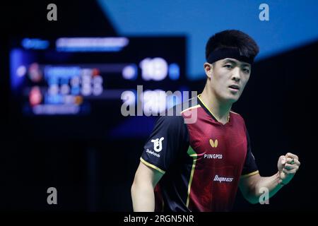 Rio de Janeiro, Brasile. 10 agosto 2023. Qiu Dang (GER) compete durante il Men's Singles Match contro Joao Geraldo (POR), durante il WTT Contender Rio de Janeiro 2023, all'Arena Carioca 1, a Rio de Janeiro il 10 agosto. Foto: Satiro Sodré/DiaEsportivo/Alamy Live News Credit: DiaEsportivo/Alamy Live News Foto Stock