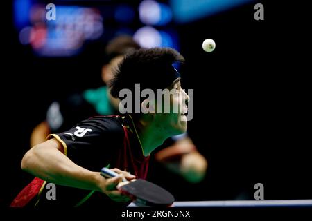 Rio de Janeiro, Brasile. 10 agosto 2023. Qiu Dang (GER) compete durante il Men's Singles Match contro Joao Geraldo (POR), durante il WTT Contender Rio de Janeiro 2023, all'Arena Carioca 1, a Rio de Janeiro il 10 agosto. Foto: Satiro Sodré/DiaEsportivo/Alamy Live News Credit: DiaEsportivo/Alamy Live News Foto Stock