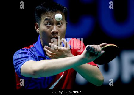 10 agosto 2023: Arena Carioca, barra da Tijuca, Rio de Janeiro, Brasile. Yang Wang (SVK) contro Tiago Apolonia (POR), durante il torneo WTT Contender World Table Tennis Foto Stock