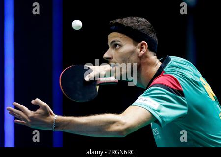 10 agosto 2023: Arena Carioca, barra da Tijuca, Rio de Janeiro, Brasile. Tiago Apolonia (POR) contro Yang Wang (SVK), durante il torneo WTT Contender World Table Tennis Foto Stock