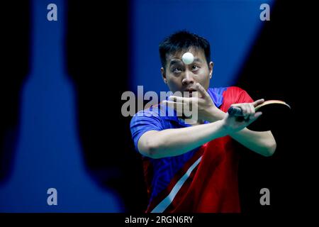 10 agosto 2023: Arena Carioca, barra da Tijuca, Rio de Janeiro, Brasile. Yang Wang (SVK) contro Tiago Apolonia (POR), durante il torneo WTT Contender World Table Tennis Foto Stock