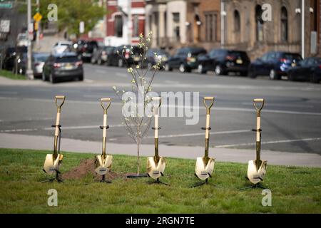 Reportage: Visita USDA a Newark New Jersey per annunciare il premio in denaro per la piantagione di alberi (aprile 2023) - Palette commemorative USDA all'evento di piantagione di alberi a Newark New Jersey Foto Stock