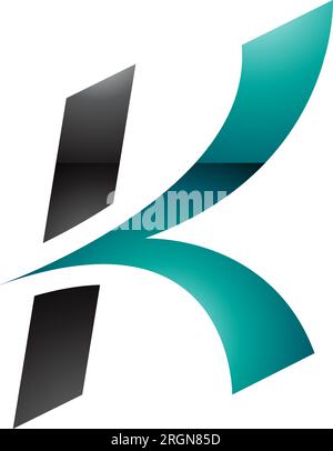 Icona lettera K a forma di freccia corsivo lucida verde e nero persiano su sfondo bianco Illustrazione Vettoriale