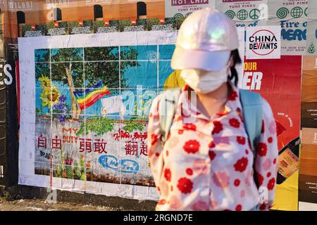 Un'attivista anti-Pechino, Apple, della China Deviants, si posa davanti al suo contromurale a Brick Lane. "Brick Lane a East London, storicamente celebrata per la sua eclettica Street art, è stata recentemente coinvolta in una controversa guerra dei graffiti. Il conflitto è iniziato sabato 5, quando un gruppo di artisti ha mostrato i "12 valori socialisti fondamentali" del Partito Comunista Cinese. In 24 caratteri cinesi rossi in grassetto su una parete di 100 metri. Questi valori sono "prosperità”, "democrazia”, "civiltà” e "armonia”; i valori sociali di "libertà”, "uguaglianza”, "giustizia” e "Stato di diritto”; e il valore individuale Foto Stock