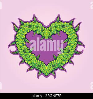 Fiori d'amore illustrazioni vettoriali di germogli di cannabis a forma di cuore per il logo del tuo lavoro, t-shirt di merchandisse, adesivi e disegni di etichette, poster, biglietti d'auguri Illustrazione Vettoriale