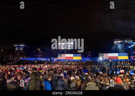 Reportage: Joe Biden Visit to Poland (2023) - il presidente Joe Biden fa osservazioni, martedì 21 febbraio 2023, al Castello reale di Varsavia, Polonia. Foto Stock